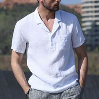 Chemise décontractée en lin pour hommes T-shirt slim en coton et lin de couleur unie à revers simples Blanc