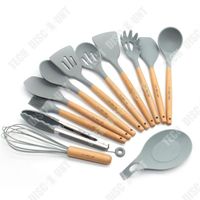 TD® Ensemble d'ustensiles de cuisine en silicone avec manche en bois, outils de cuisson, spatule antiadhésive, ustensiles de