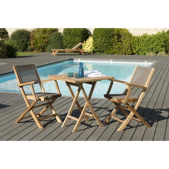 Ensemble de jardin en teck : 1 table carrée pliante 70 x 70 cm - Lot de 2 fauteuils pliants en textilène de couleur taupe JARDITECK