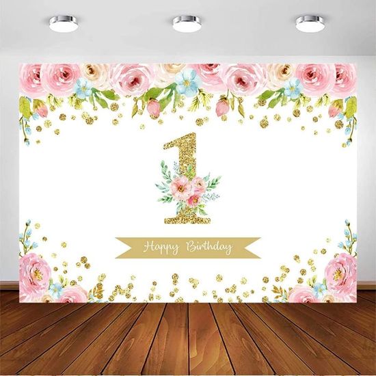 Toile De Fond Photo 1er Anniversaire Princesse Rose 2.2x1.5m Avezano - Joyeux Anniversaire Bébé Enfant Studio Photographie
