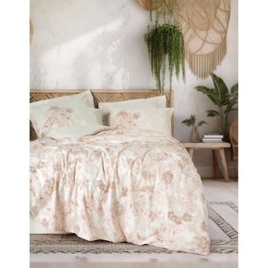 Parure De Lit Adulte 240x260cm Beige Et Blanc - 3 Pièces (housse De Couette + 2 Taies) - Polycoton Doux - Fermeture éclair Cachée - Toutes Saisons