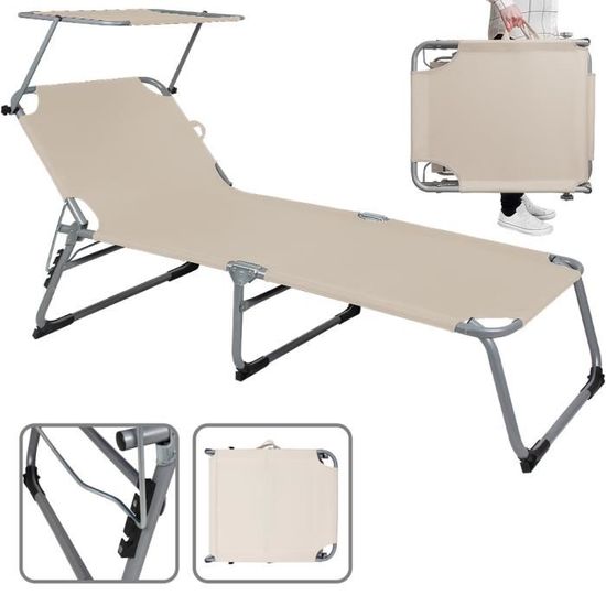 Chaise longue pliable Hawaii Beige transat avec pare-soleil bain de soleil pour plage jardin camping transport