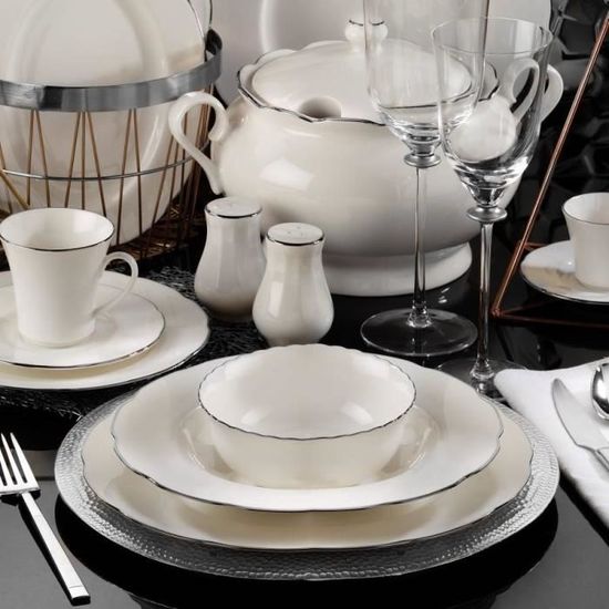 Service de table complet 83 pièces Avouta 100% Porcelaine Blanc liseré Or
