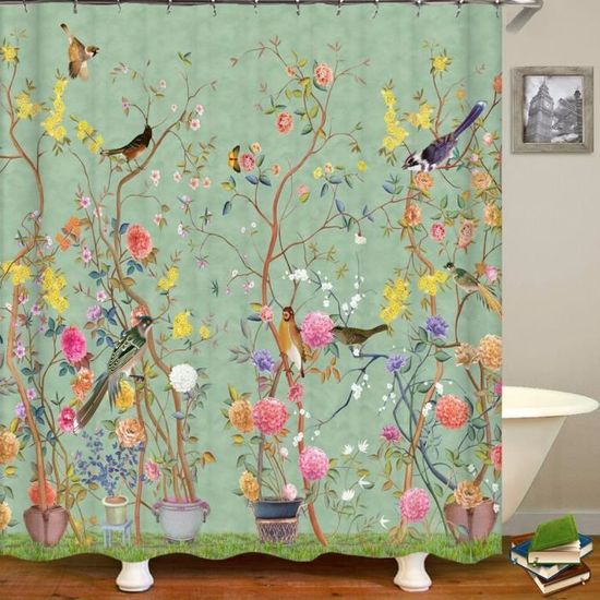 Rideau de douche Plante branches fleurs oiseaux anneaux inclus 3D effect imperméable 180 x 200 cm