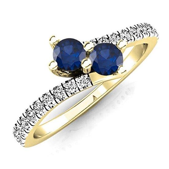 Bague Femme Bague De Fiancaille 14 Ct Or Jaune Rond Bleu Saphir