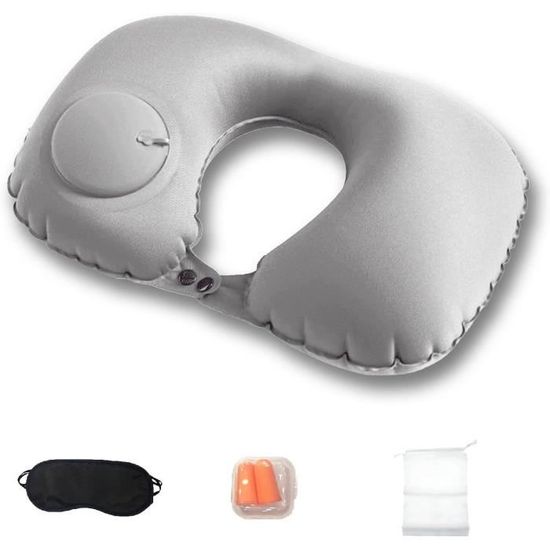 Coussin De Voyage Gonflable Avec Oreiller Cou Ergonomique - Lot De 2 Avec Masque Et Bouchons D'oreilles - Léger, Portable Pour Avion, Train, Bureau (Gris)