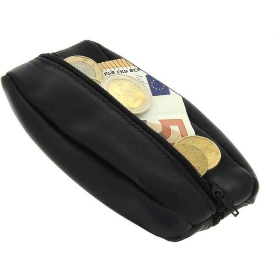Porte-monnaie En Cuir Véritable Vintage - Noir, Avec Fermeture éclair, Très Bon état