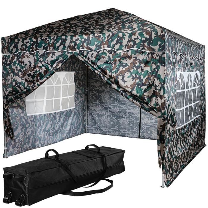INSTENT Tonnelle pliante BASIC- 3x3 m, 4 panneaux inclus, couleur camouflage avec sac de rangement à roulettes-