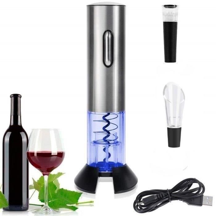 (Fonction 5 en 1)Tire Bouchon Electrique Ouvre-Bouteille Electrique de Vin d'Acier Inoxydable Argent avec le Câble de Charge,Coupe-f
