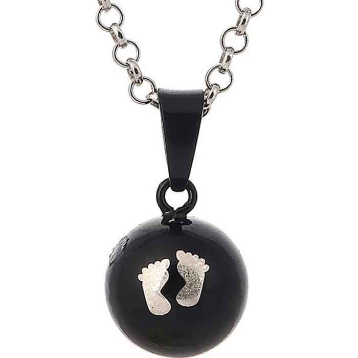 Collier /Sautoir Bola de grossesse – Pendentif Bola avec impreinte de pied de bébé – style mignon et original - Noir