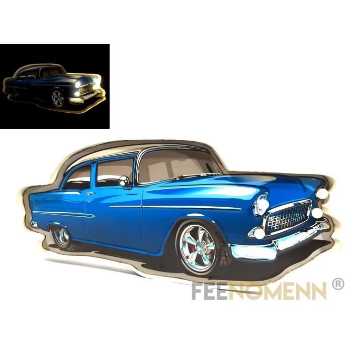 Plaque Métal Lumineuse LED - Déco Murale Vintage - Voiture Bleue Cadillac Coupe Style (58x26cm)