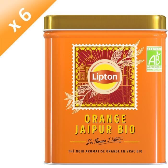 Lot de 6 LIPTON Thé Noir BIO Orange Jaipur, 100% d'origine naturelle, Agriculture Biologique et Equitable (6x150g)