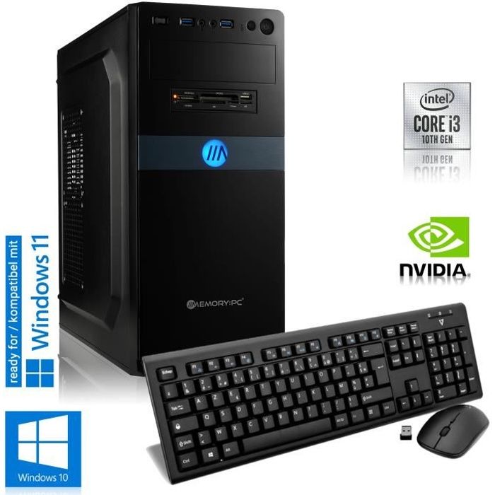 MEMORY PC de bureau - Intel Core i3 10100 4x3,6GHz - NVIDIA GT 710 - 8Go RAM - 480Go SSD - Windows 10 Pro - WiFi - Clavier + souris
