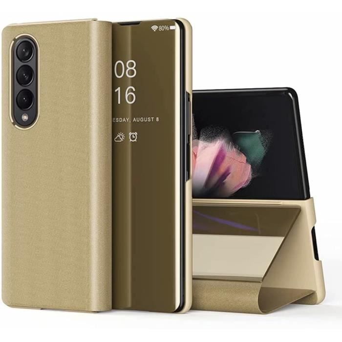 Coque pour Samsung Galaxy Z Fold 3, Miroir Translucide Ultra-Fin + Étui Rabat Intelligent Cuir PU, avec Support, Housse pour (Or)