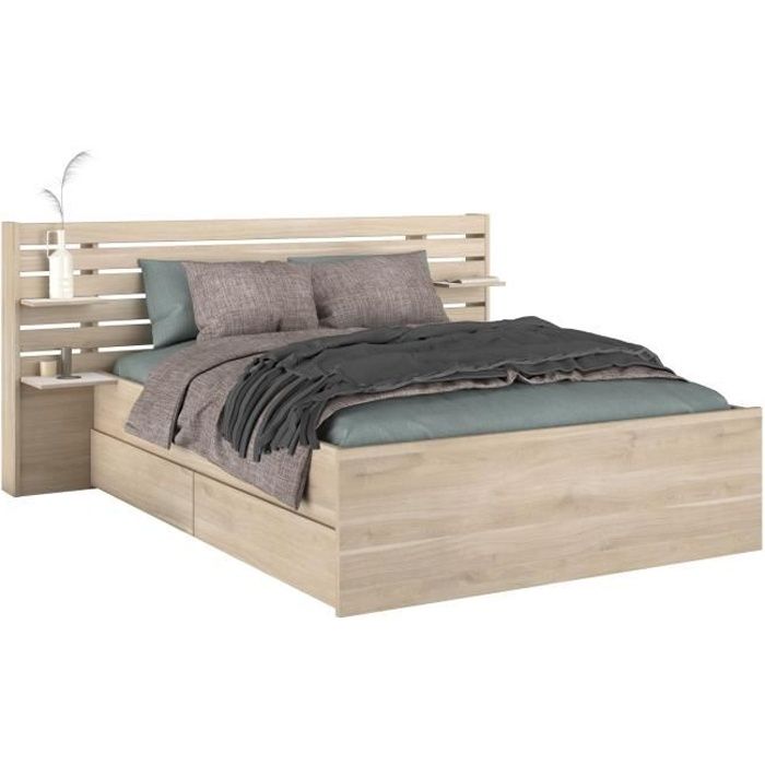 Lit adulte ESCALE 140x190 cm - Tete de lit + 2 tiroirs - Dec