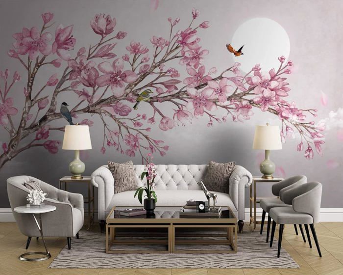 Papier Peint Panoramique Magnolia Oiseau Lune Papier Peint Intiss 3D ...