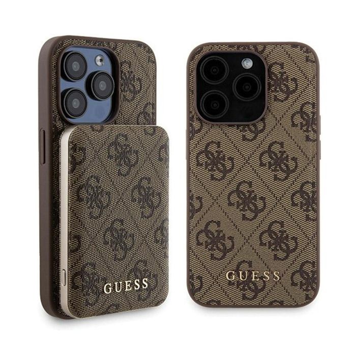 Guess Bundle Pack MagSafe 4G Metal Gold Logo Ensemble étui + Power Bank 5000mAh MagSafe iPhone 15 Pro Max