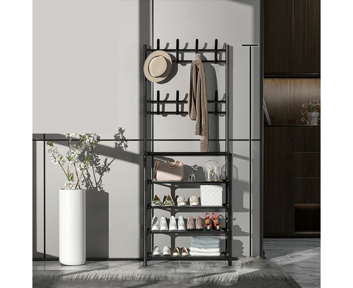 Porte-manteau Doré Sur Pied Avec 3 étagères Wilitto - Support Chapeaux Et Vêtements, Base Marbre Stable