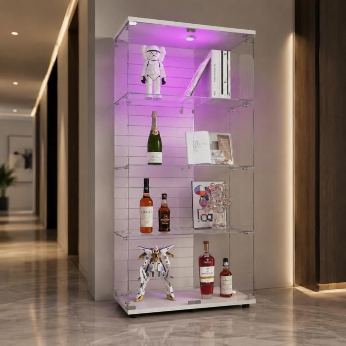 Vitrine En Verre Avec éclairage LED - 3 étagères - Porte Verrouillable - Roulettes - Dimensions 123x40x35 Cm - Noir - Pour Collection, Salon