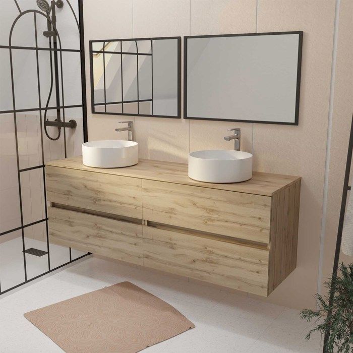 Meuble Salle de Bains 160 TIMBER Décor Chêne 4 Tiroirs Plan Vasques à Poser Blanches 2 Miroirs 75x55