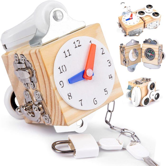 Meilleurs prix pour Cube dactivités occupé jouet de bloc occupé jouet dapprentissage sensoriel préscolaire Montessori en bois B