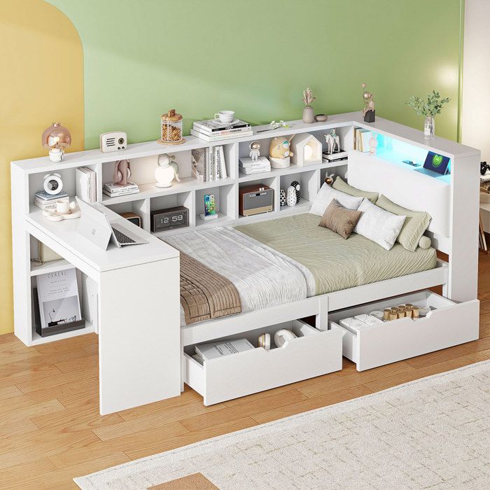 Merax Lit Combiné Ado Lit Multifonction en L 90x200 cm avec Bureau Bibliothèque Tiroirs et Éclairage LED Blanc Merax Lit Combiné Ado Lit Multifonction en L 90x200 cm avec Bureau Bibliothèque Tiroirs et Éclairage LED Blanc