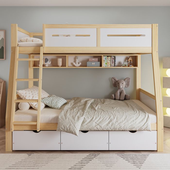 Lit superposé en bois 90x200cm + 120x200cm - avec échelle et 3 tiroirs - Bois massif+MDF - Blanc+Naturel (sans matelas) Lit superposé en bois 90x200cm + 120x200cm - avec échelle et 3 tiroirs - Bois massif+MDF - Blanc+Naturel (sans matelas)