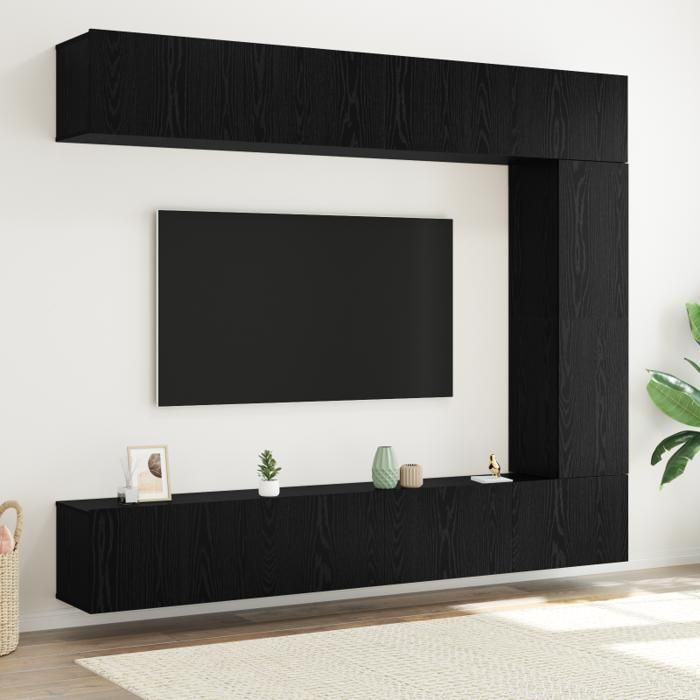 Ensemble de meubles TV mural - Chêne noir - 5 pièces - 2 portes - Style contemporain