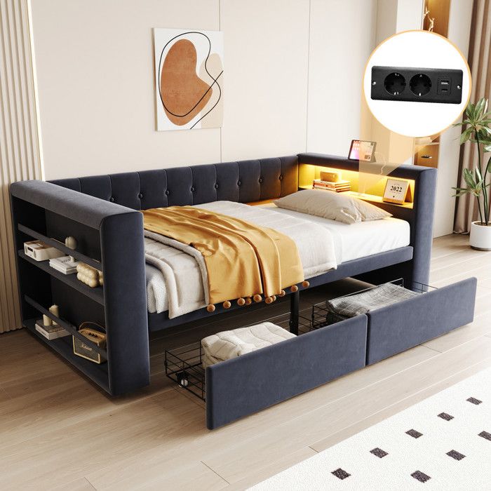 Canapé-lit rembourré 90x190 cm - Avec éclairage LED - Avec prise de courant - 2 tiroirs - Gris foncé (matelas non inclus) Canapé-lit rembourré 90x190 cm - Avec éclairage LED - Avec prise de courant - 2 tiroirs - Gris foncé (matelas non inclus)