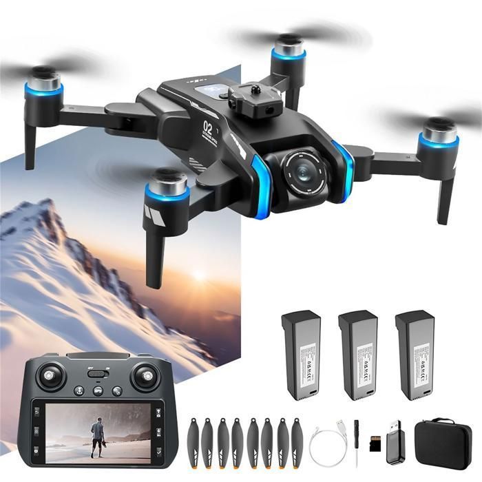 Drone 3 batteries 5G résistant au vent objectif réglable électroniquement à 180° télécommande LCD affichage électronique