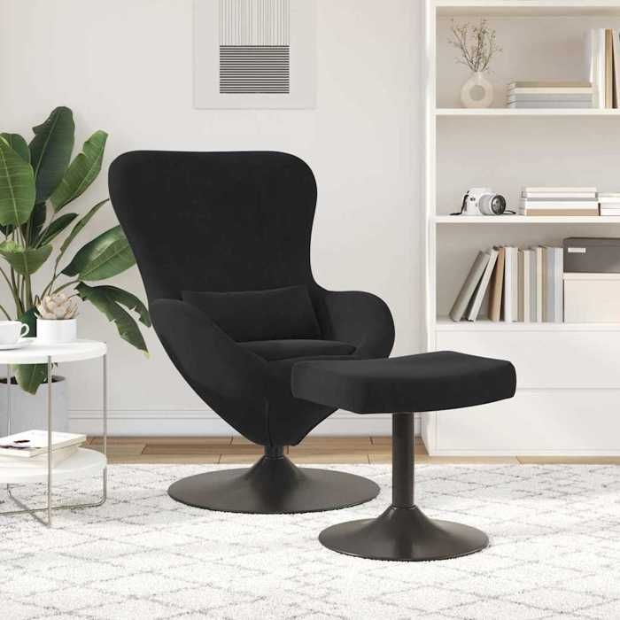 Chaise Œuf avec pouf en velours - vidaXL - Noir - 63x73x90 cm - Base pivotante 360° - Accoudoirs confortables