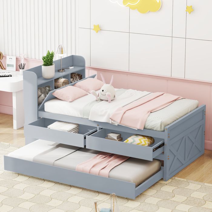 Lit gigogne 90x190 cm en bois massif gris avec chevet à port USB 2 tiroirs et sommier à lattes