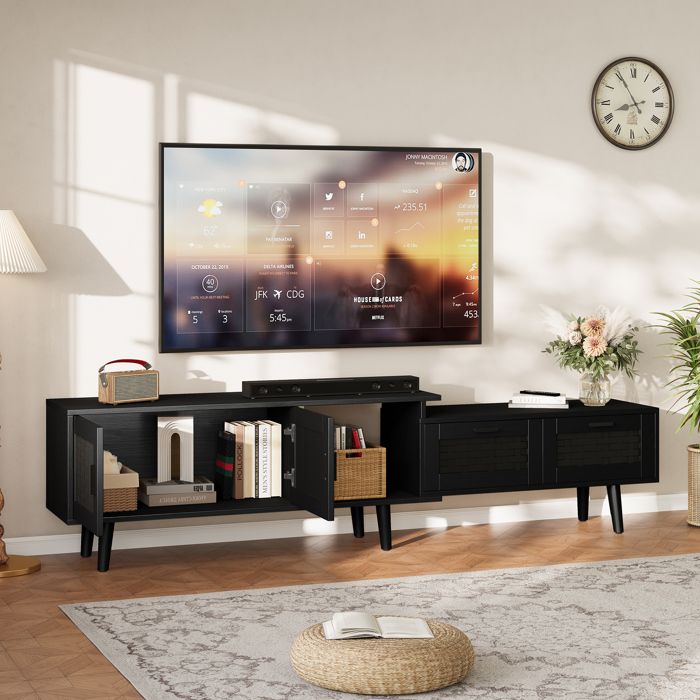 ADWOLT Meuble TV extensible 180x30x44 cm – Noir 2 portes & 2 tiroirs motif tressé