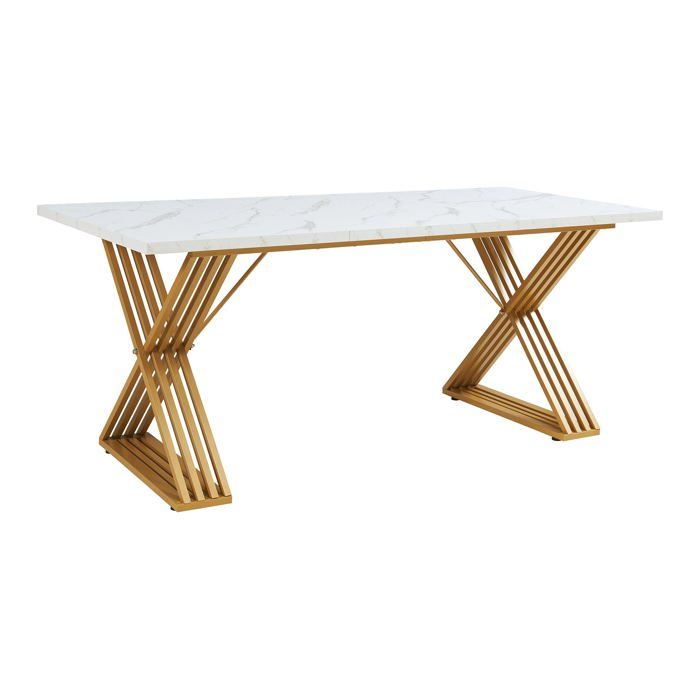Table salle à manger - HELLOSHOP26 - 03_0011100 - Effet marbre blanc - 6 places - Piètement métal doré