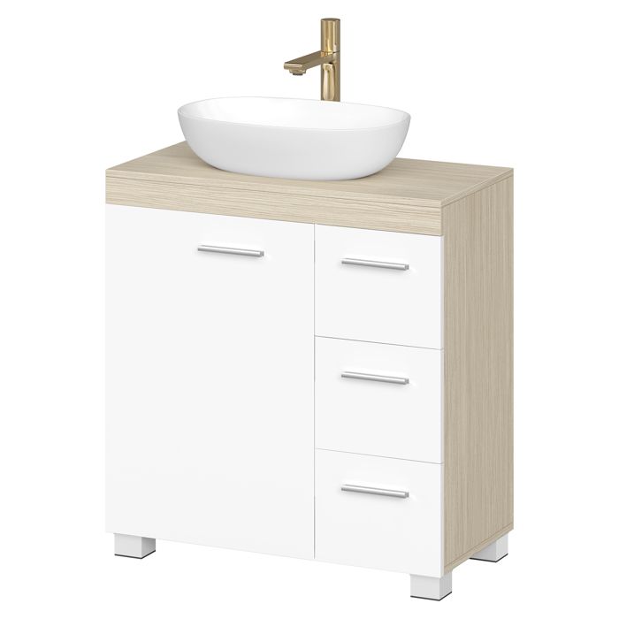 Armoire de Salle de Bain Meuble Sous Lavabo avec Pieds 2 Compartiments et 3 Tiroirs Blanc et Beige