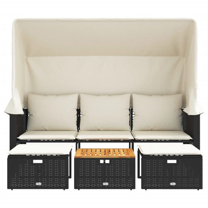Noir Salon dextérieur - Canapé de jardin - Sofa de jardin - 3 places avec auvent et tabourets noir rotin - 176x65/91/139x149/66/614