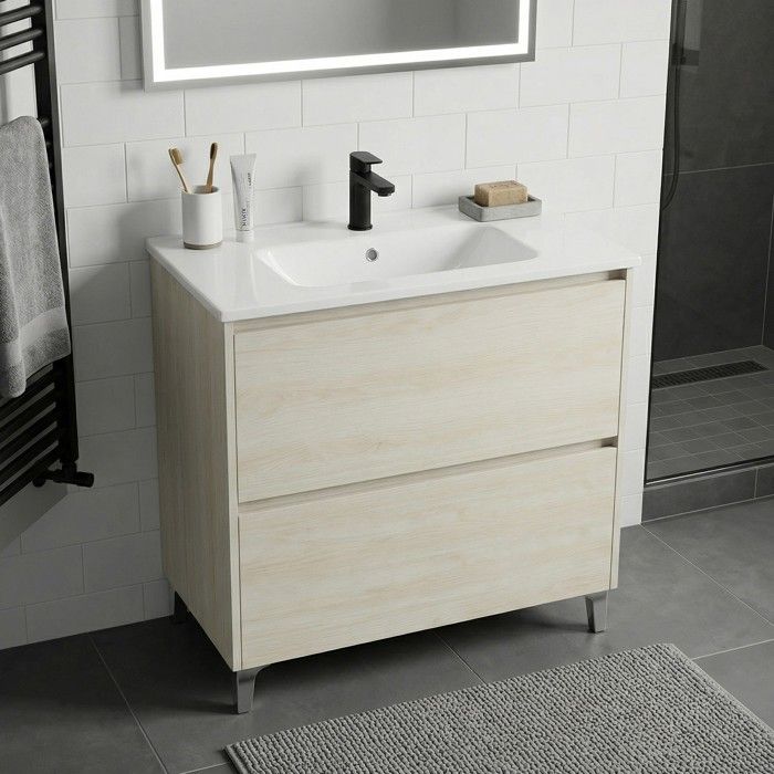 Meuble vasque L.80cm sur pied 2 tiroirs Chêne blanchi LISBONA - sans colonne Meuble vasque L.80cm sur pied 2 tiroirs Chêne blanchi LISBONA - sans colonne