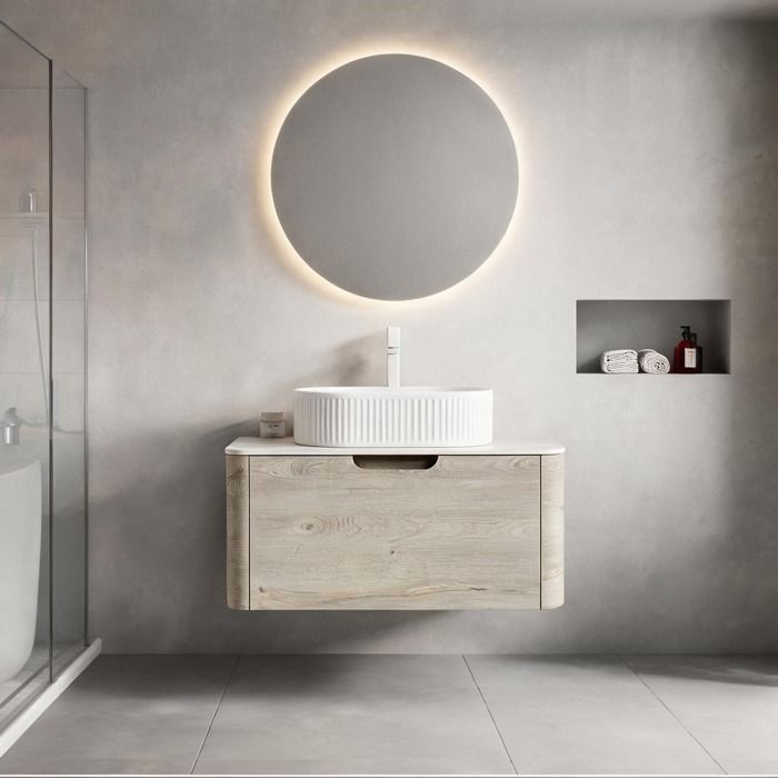Meuble vasque suspendu 80 cm ovale blanc soft white pierre frittée travertin bois crème
