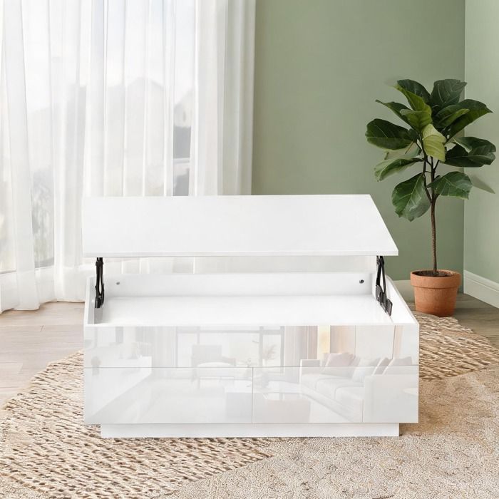 Table basse relevable rectangulaire en panneaux de particules et métal finition blanc brillant avec 2 tiroirs et compartiment