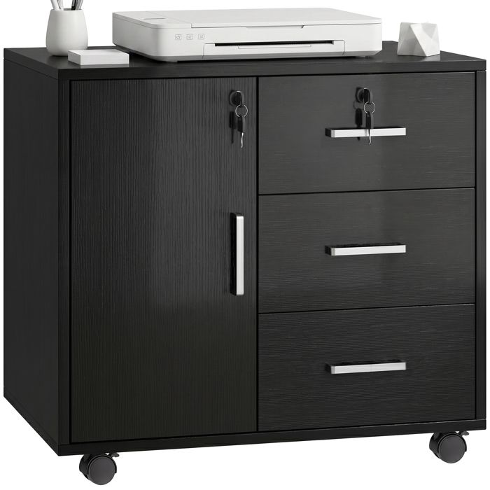 Caisson bureau - HOMCOM - verrouillable - 3 tiroirs et étagère réglable roulettes - dim. 40 x 60 x 56 cm - noir Caisson bureau - HOMCOM - verrouillable - 3 tiroirs et étagère réglable roulettes - dim. 40 x 60 x 56 cm - noir