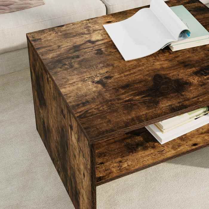 Table basse de salon élégant - ECOHOME - bois dingénierie - chêne fumé - 60 x 50 x 40 cm - 2 compartiments - 2 étagères@953591