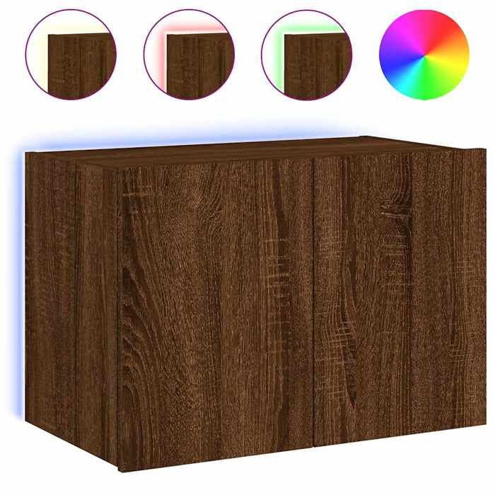 Meuble TV mural avec LED - vidaXL - TV suspendu - bois dingénierie - chêne marron - 60 x 35 x 41 cm - 2 compartiments - avec portes