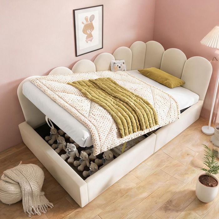 Lit gigogne en velours beige 90x190 cm avec coffre hydraulique design enfantin à grille pour chambre denfant ou espace réduit