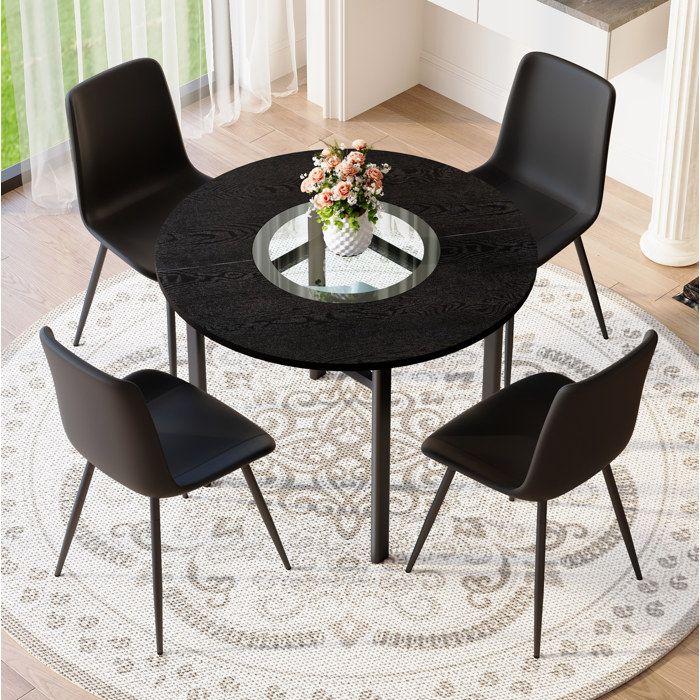 Ensemble table à manger ronde 100 cm avec 4 chaises PU noires MDF aspect bois noir verre et métal