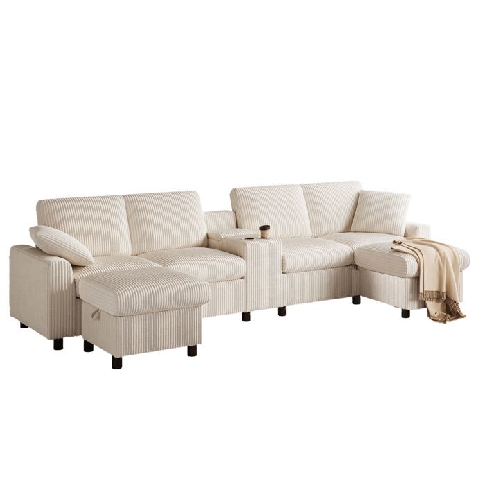 Canapé panoramique en U avec 2 poufs de rangement tablette et charge intégrée en velours côtelé beige 315 × 135 × 81 cm