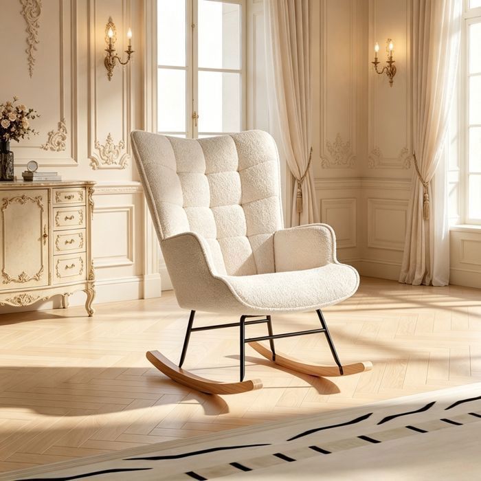 Fauteuil à Bascule - Beige - Chaise a Bascule avec dossier haut et rembourré - Métal et Bois Massif - pour Salon Chambre à Couche