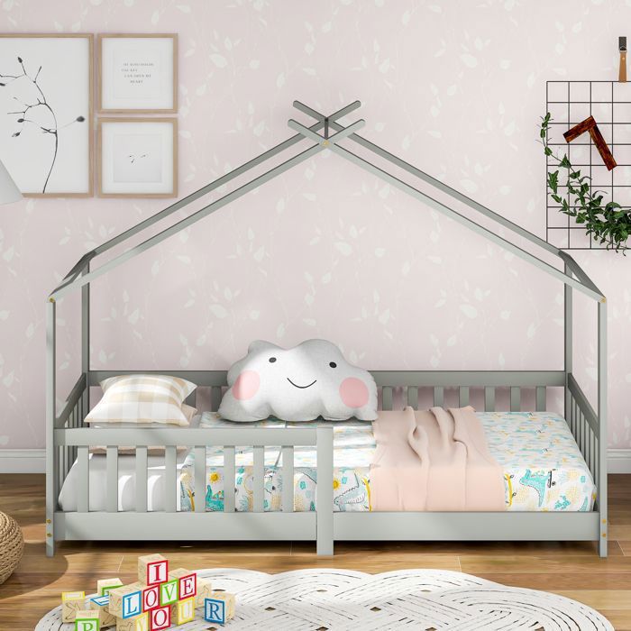 Lit cabane enfant 90x200 cm - Lit simple en bois - À décorer et à aménager à votre guise - sommier à lattes - FSC - Gris