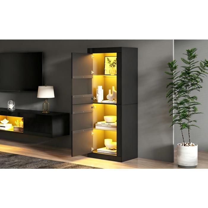 Vitrine noire 2 portes 3 étagères réglables et LED - MEUNIQ - pour salon cuisine et salle à manger 61×42×162 cm