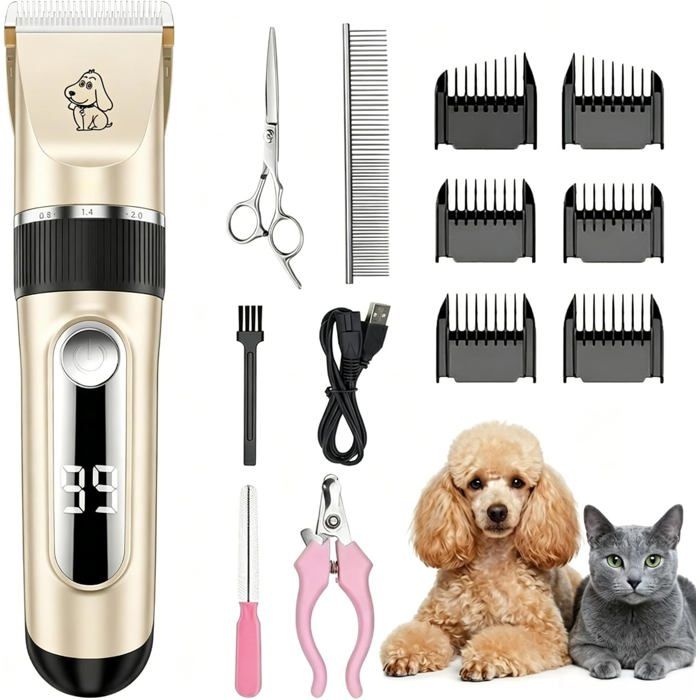 Tondeuse pour Chien IPX7 Tondeuse Chien Professionnelle à 2 Vitesses Écran LED avec Ciseaux Coupe-Griffes Peigne et 6 Accessoires
