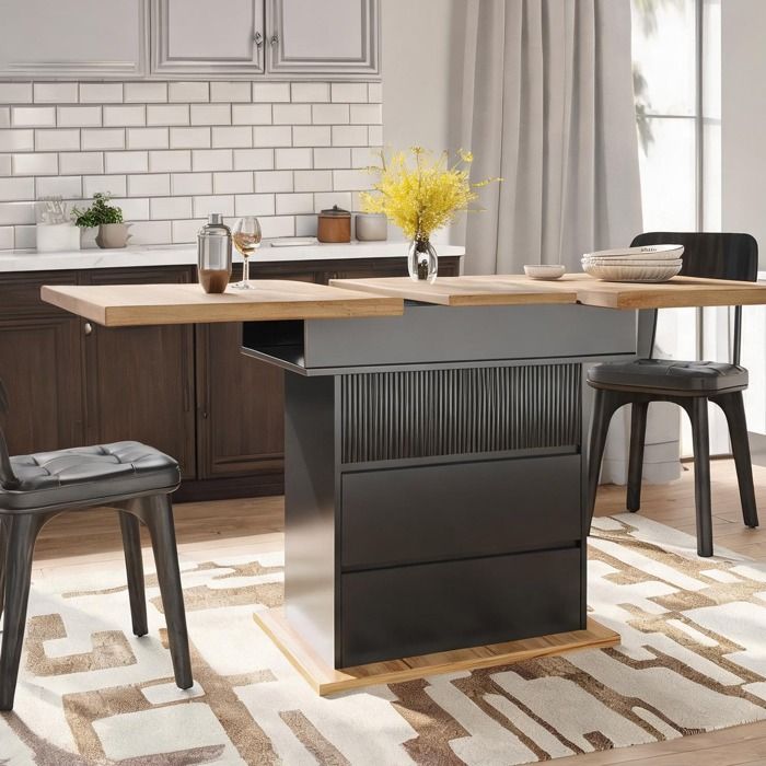 Table à manger extensible pliante en MDF et panneaux de particules finition jet black et naturel 110-140 x 80 cm design